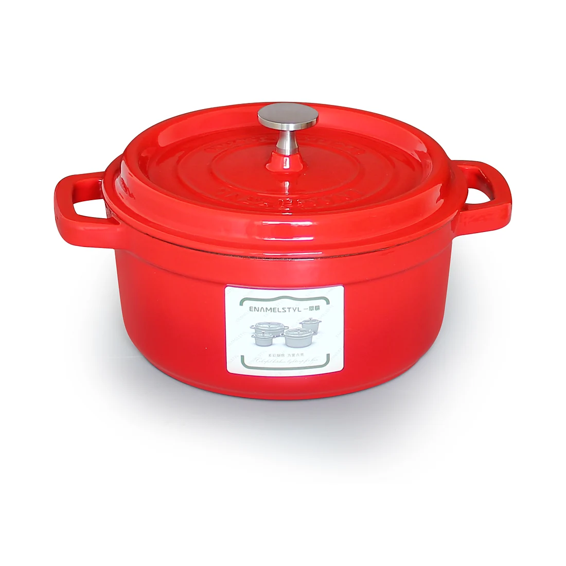 Open red round enameled cast iron Dutch oven