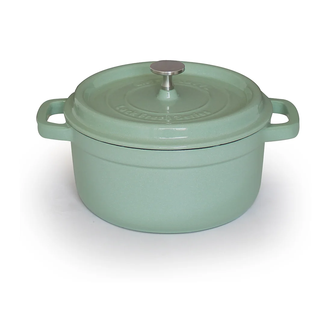 Sage green round enameled cast iron Dutch oven